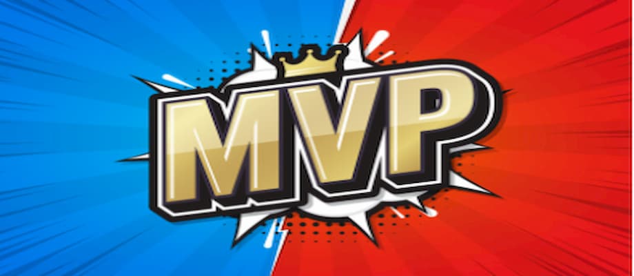 MVP escrito em amarelo em um fundo azul e vermelho