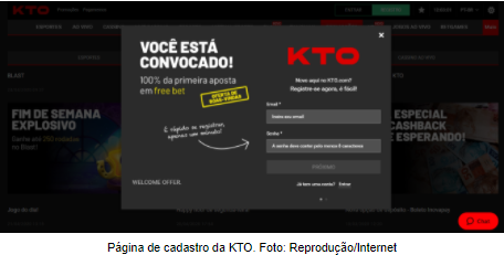 página de cadastro no site da kto