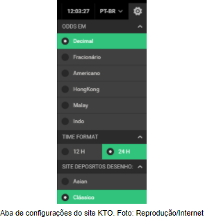 Aba de configurações dentro do site da KTO
